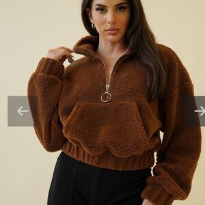 NO VACANCY Sherpa Faux Fur Kangaroo Pouch Zip Pullover Jacket NWT